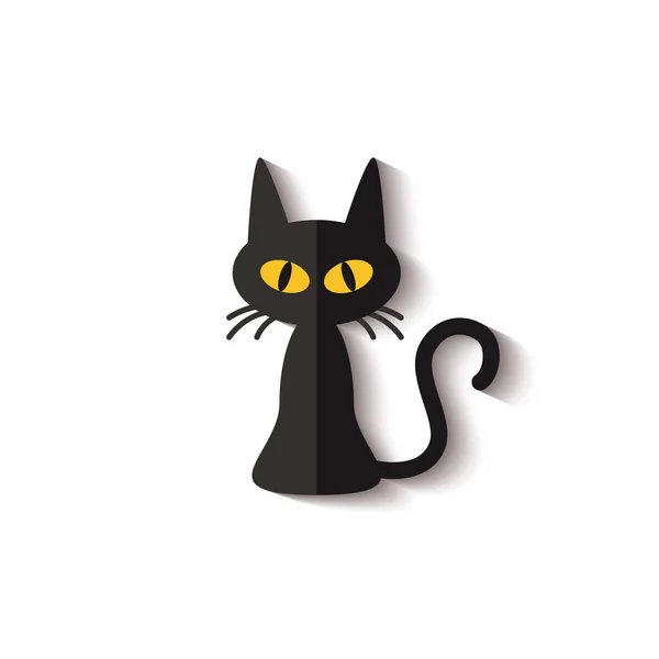 Flache Ikone der gruseligen schwarzen Katze mit realistischem Gradienten-Schatten und gelben Augen — Stockvektor