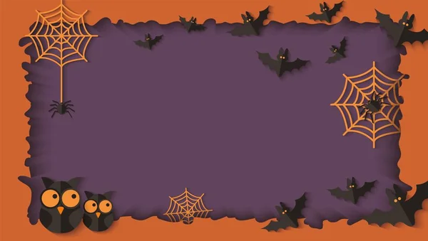 Couches de papier découpées dans le cadre Halloween avec illustration vectorielle hiboux et araignées . — Image vectorielle