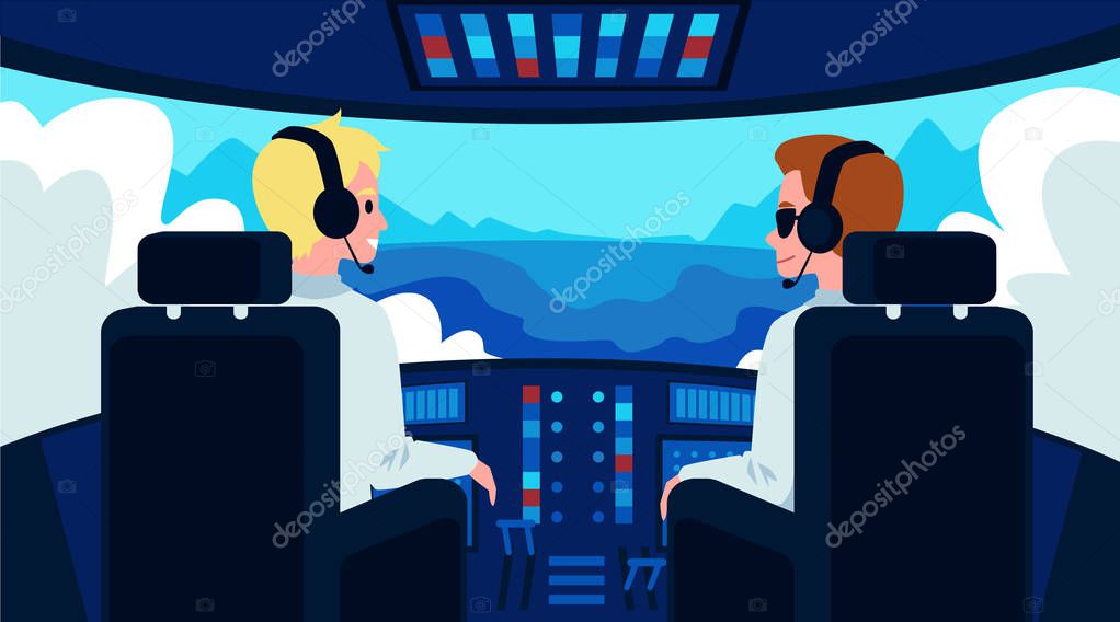 Piloto y copiloto dentro de la cabina del avión ilustración plana