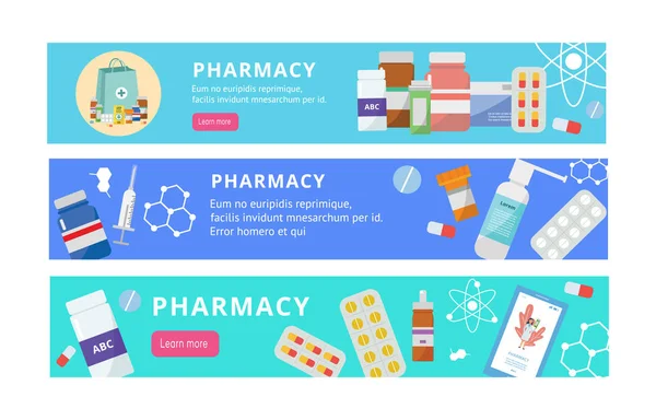 Conjunto de banner de farmácia - elementos de site de desenhos animados planos com drogas e garrafas de pílula — Vetor de Stock