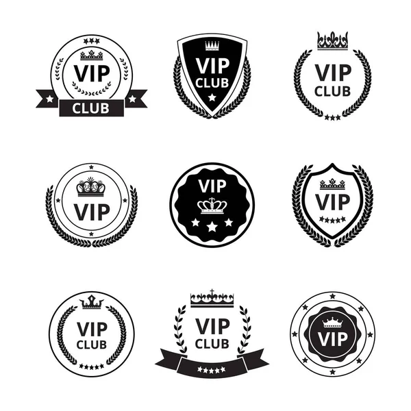 Vip labels and badges with ribbon and crown set vector illustrations isolated. — Stock Vector