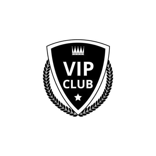 Vip club - ikona odznaku černého štítu se symbolem koruny, věnec z listů a hvězdný znak — Stockový vektor