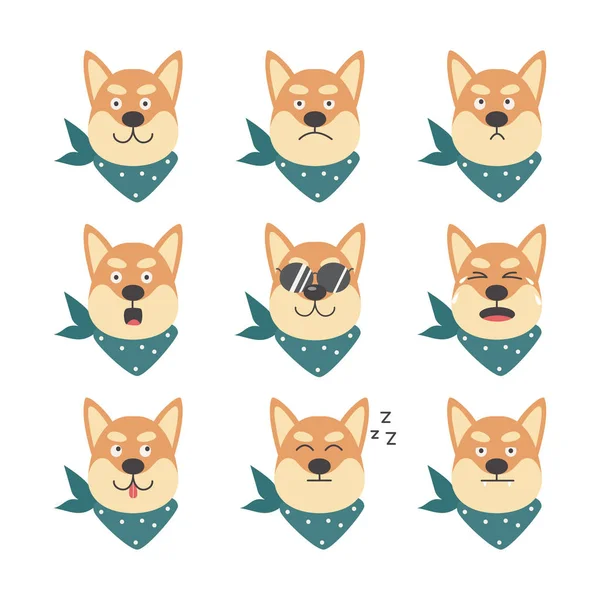 Shiba inu aranyos hűvös kutya különböző érzelmek lapos vektor illusztráció elszigetelt. — Stock Vector