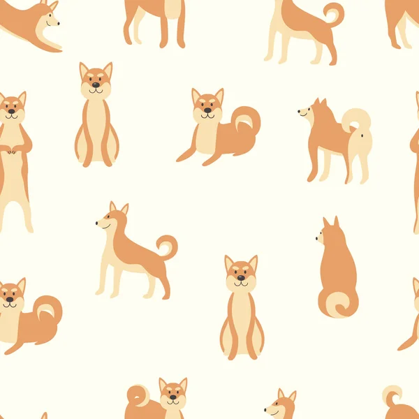 Shiba inu dog seamless pattern - cute cartoon animal in different poses. — Stock Vector