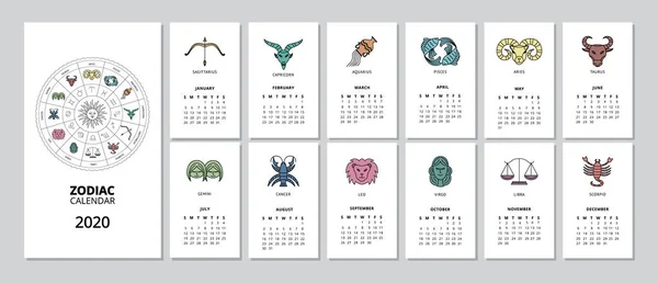 2020 månatliga Zodiac kalender med stjärntecken sida för varje månad — Stock vektor