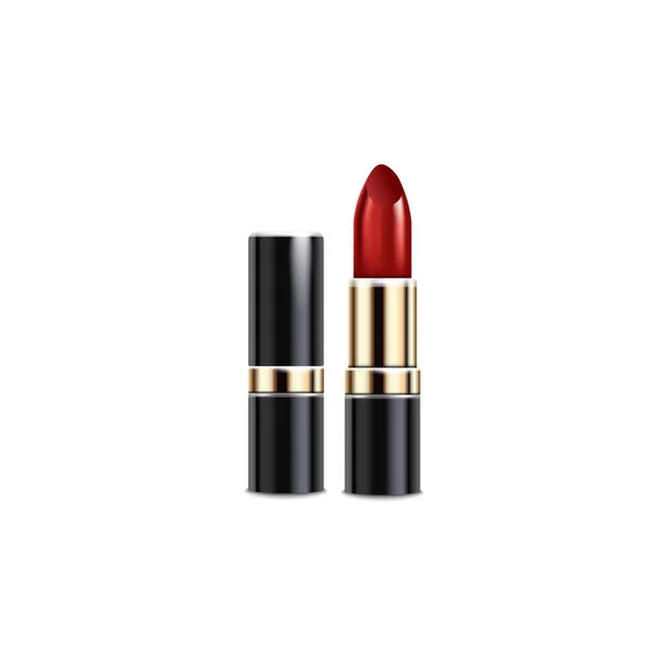 Modèle réaliste de tube de rouge à lèvres rouge avec emballage métallique noir et or . — Image vectorielle