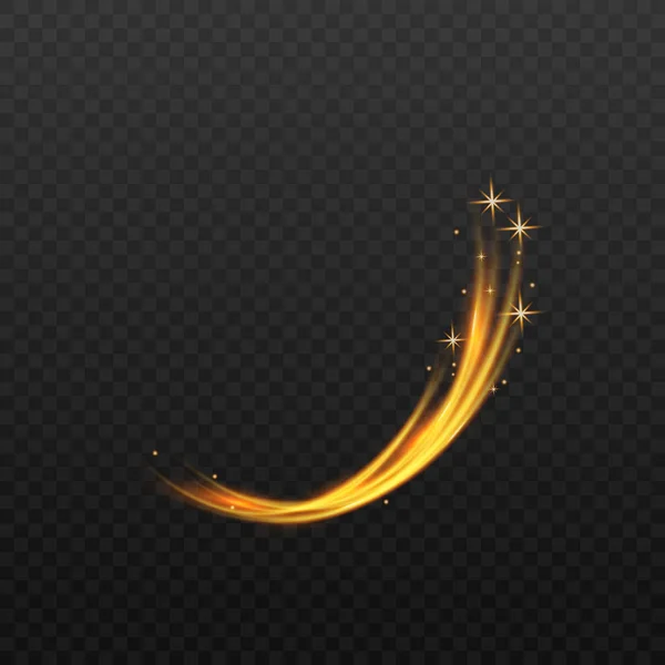 Geïsoleerde gouden fonkelspoor in boog bewegingsvorm - magische lichtstroom met gouden fonkeling — Stockvector
