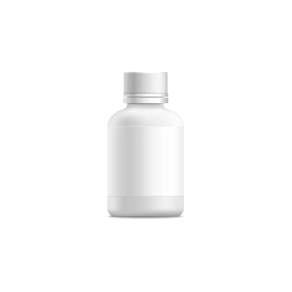 Kleine plastic medicijn fles mockup met schroefdeksel en blanco verpakking label — Stockvector