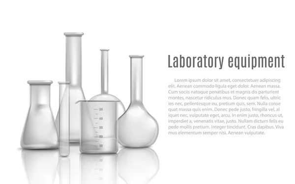 Laboratuvar cam ekipmanları şişeler ve beher kapları ile 3D gerçekçi vektör illüstrasyonu. — Stok Vektör