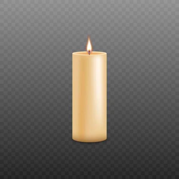 Yellow wax candle with burning wick isolated on dark transparent background