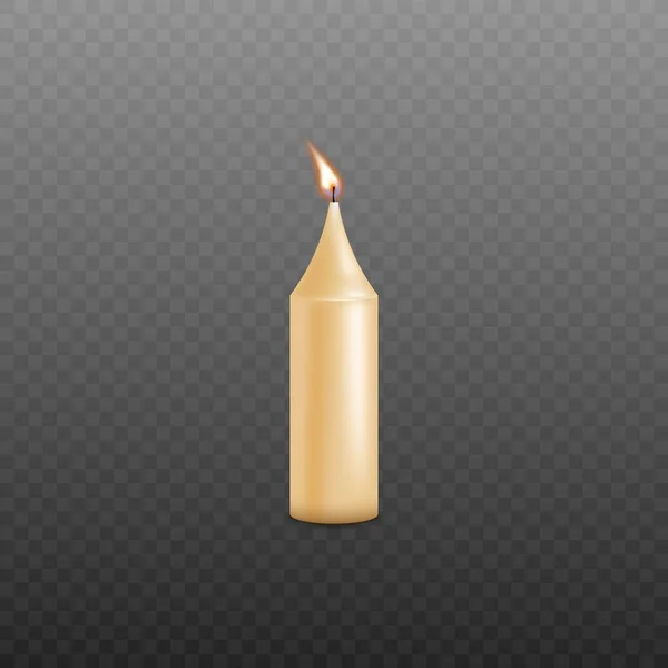 Realistic yellow wax candle with cone shaped end and burning wick — ストックベクタ