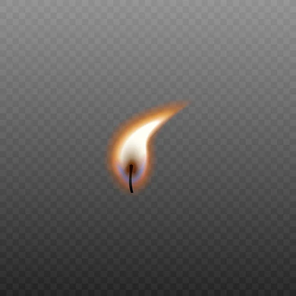 Mały ogień świecy na knotze poruszającej się na wietrze - realistyczny odizolowany płomień — Wektor stockowy
