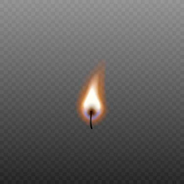 Izolovaný oheň svíčky na černém knotu bez zdroje na průhledném pozadí — Stockový vektor