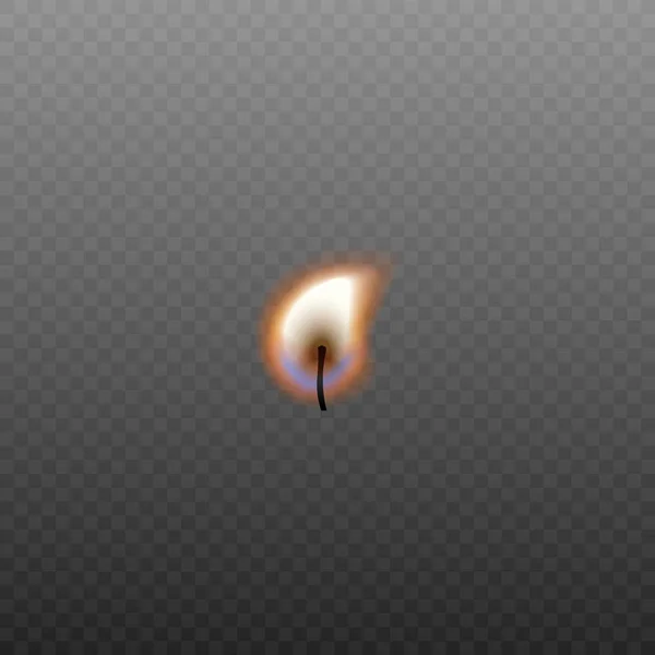 Malá realistická hořící svíčka knot část izolované na tmavém průhledném pozadí — Stockový vektor