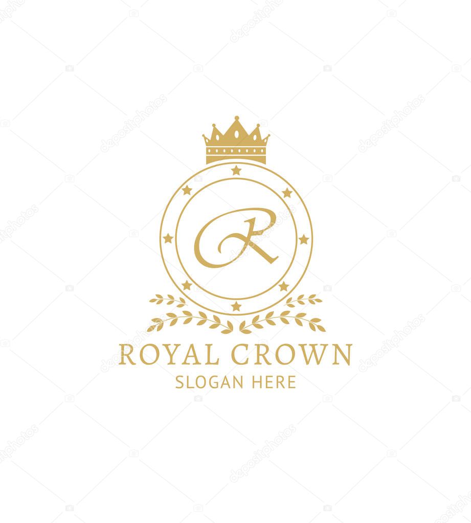 Royal crown logo template - golden badge with crown symbol and monogram letter