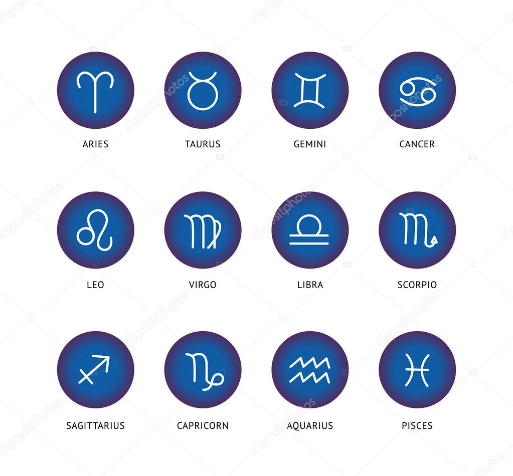 Set and collection of zodiac signs in blue circles.