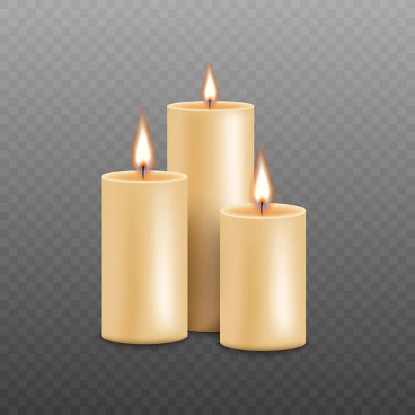 Three beautiful burning flames and fire realistic candles on a transparent background. — ストックベクタ