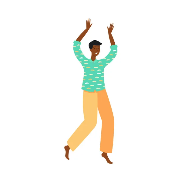 Hombre bailarín africano de dibujos animados en ropa colorida bailando o saltando en su lugar con las manos arriba . — Vector de stock