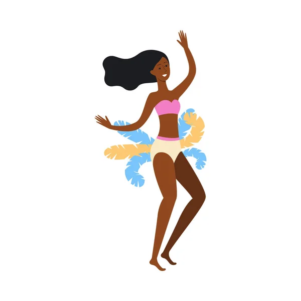 Mujer bailarina negra en traje de carnaval de Brasil con cola de pluma colorida — Vector de stock