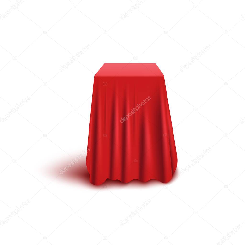 Box or stand covered with red fabric realistic vector illustration isolated.