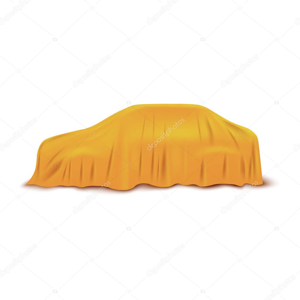 Car or automobile covered with cloth 3d realistic vector illustration isolated.
