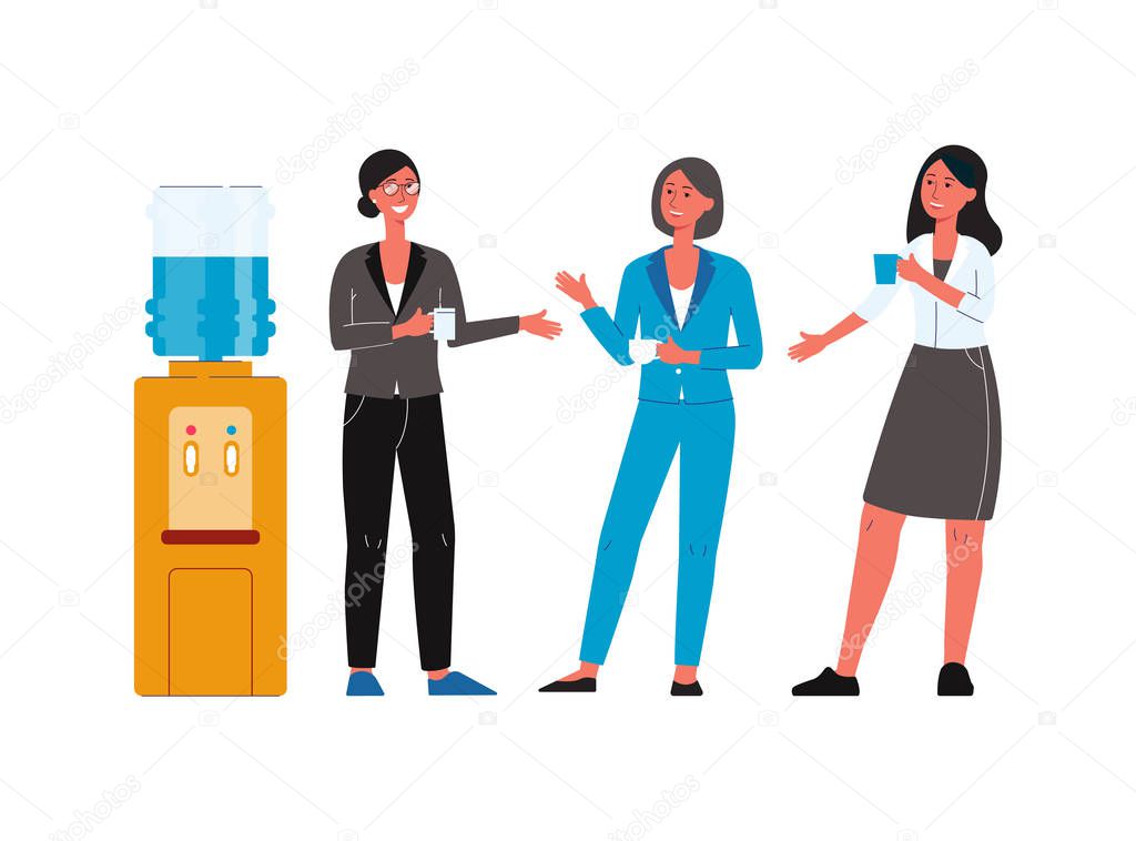 Cartoon people standing by office water cooler and having conversation -