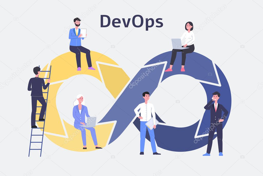 DevOps, development and operations technology flat vector illustration isolated.