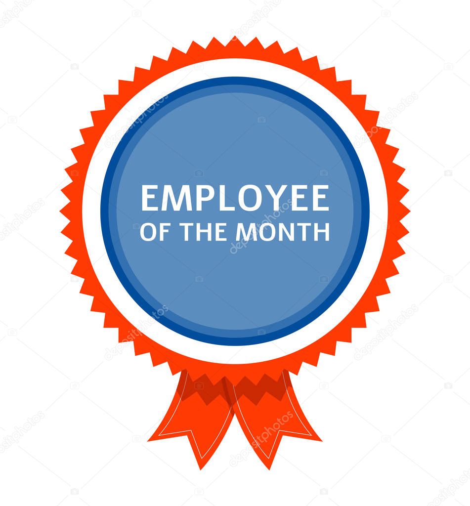 Employee of the month - flat blue isolated award badge with red ribbon