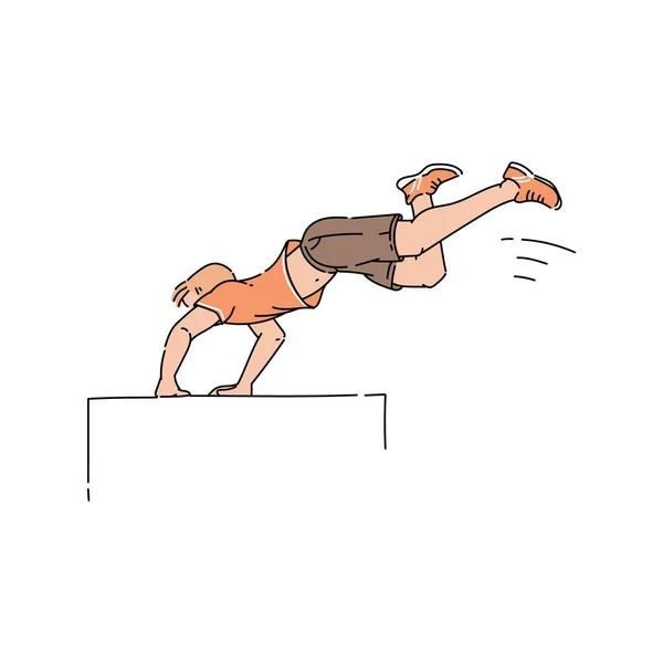 Hombre de dibujos animados haciendo salto peligroso parkour atleta saltar por encima de obstáculo — Vector de stock