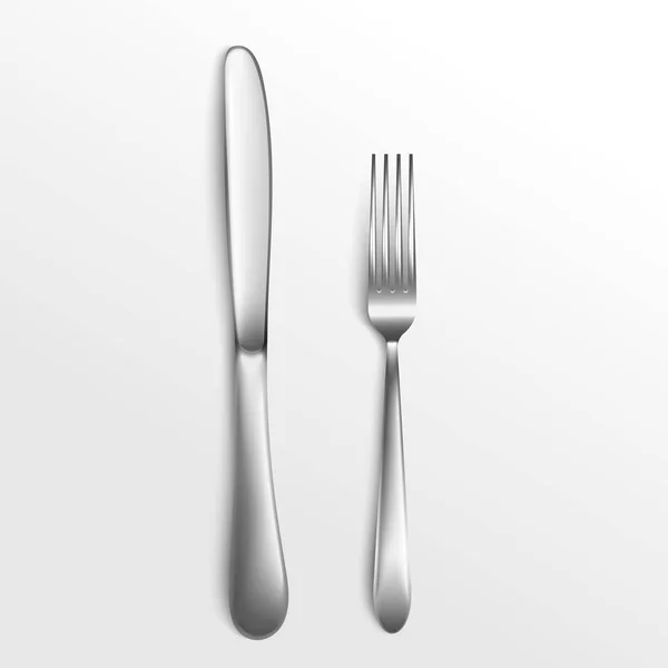 Cutlery set of silver fork and knife top view 3d vector illustration isolated. — Stock Vector