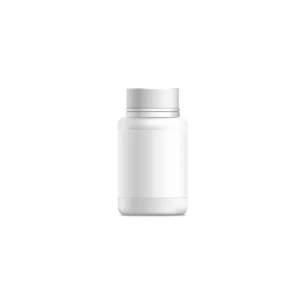 Small white plastic pill bottle container with empty label template i — 스톡 벡터