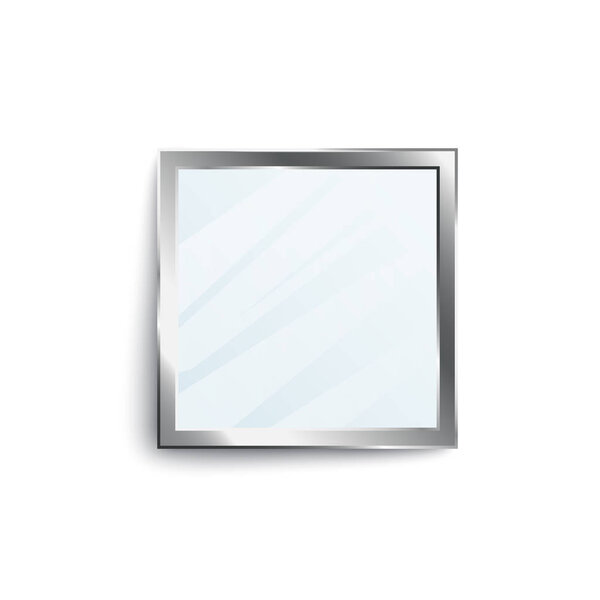 Realistic square shape mirror with blank reflection surface and glossy silver frame.