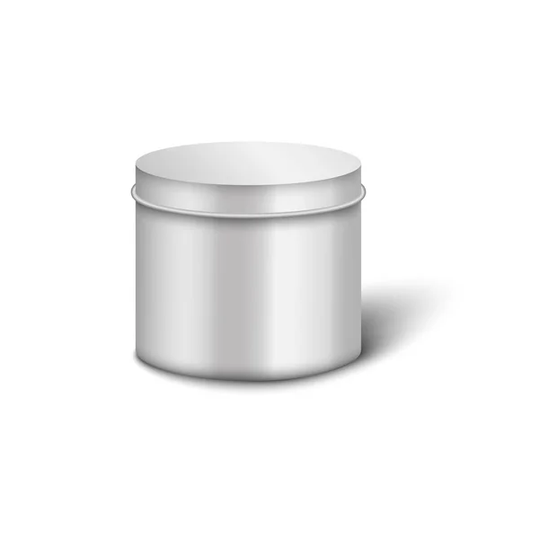 Metalen cilinder pot mockup met ronde deksel en realistische glanzende zilveren textuur — Stockvector