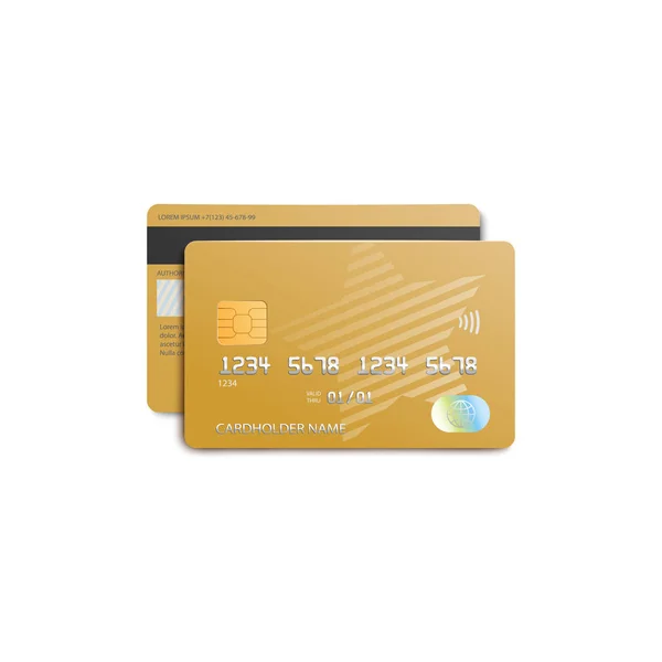 Vista frontal e traseira do cartão de banco de plástico dourado isolado no fundo branco —  Vetores de Stock