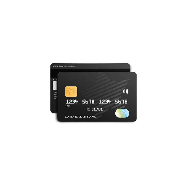 Black credit card front and opposite view realistic detailed vector mockup illustration isolated. — Stockový vektor
