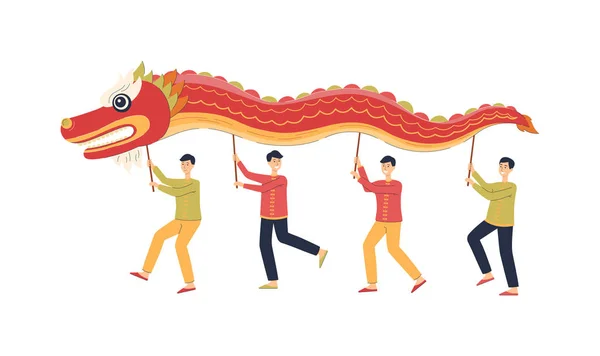Homens chineses dançando enquanto segurando mascote dragão vermelho sobre sua cabeça — Vetor de Stock