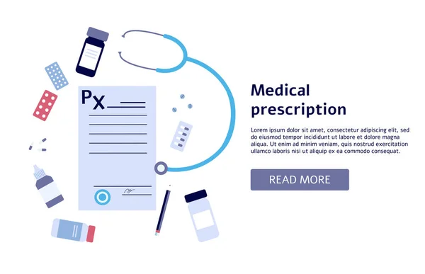 Medical prescription banner with flat document surrounded by medicine — Stockvector