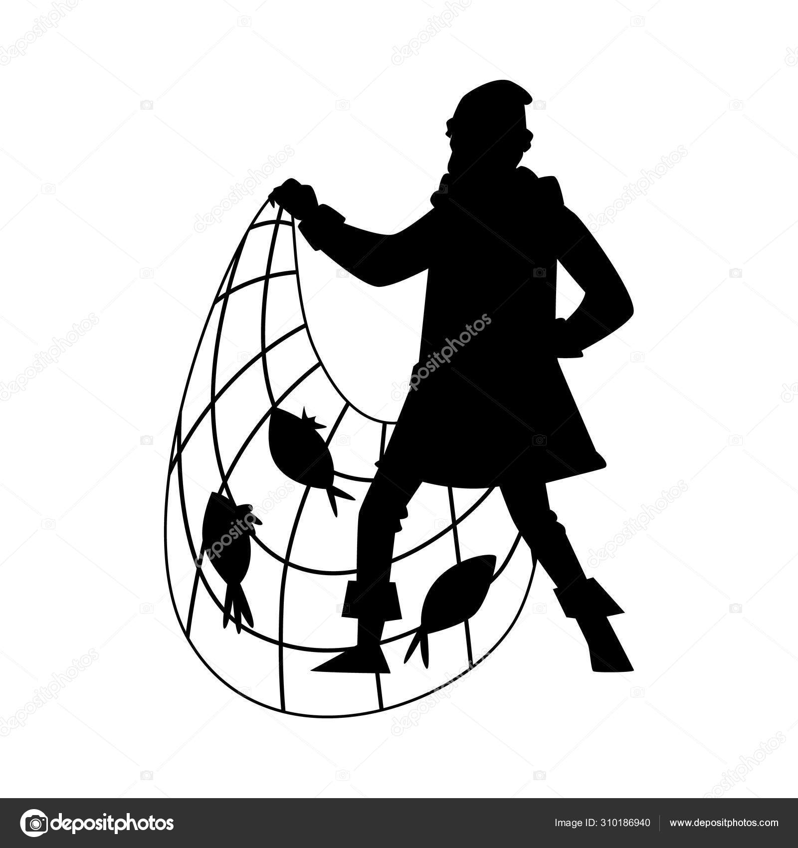 Black silhouette of a fisherman with fishnet vector illustration