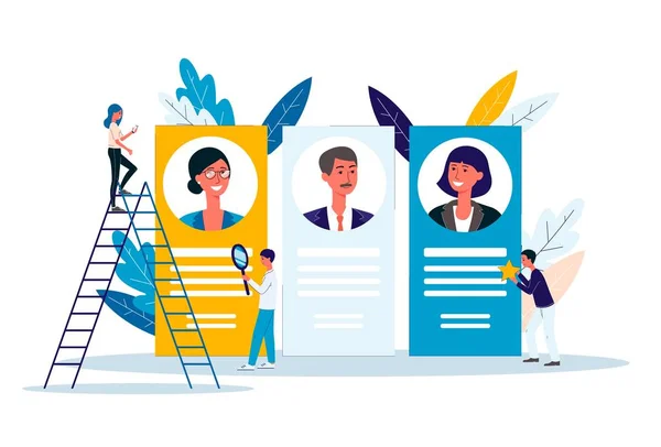 Agencia de reclutamiento con personas de dibujos animados que proporcionan CV ilustración vector plano . — Vector de stock