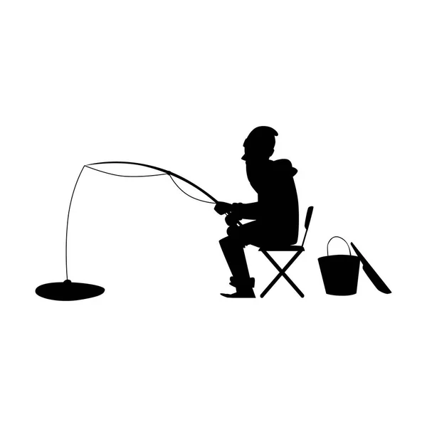一个人坐在冰柱图上的冬季捕鱼的黑色轮廓. — 图库矢量图片