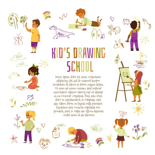 子供たちがフラットベクトルイラストを描くと広告描画スクールチラシ. — ストックベクタ