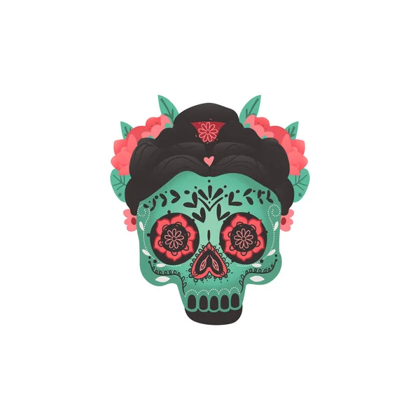 Groene schedel met roze bloemen en met de hand getekend ornamenten — Stockvector