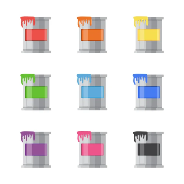 Sada barevných plechovek a kbelíků s barvou, paleta barev. — Stockový vektor