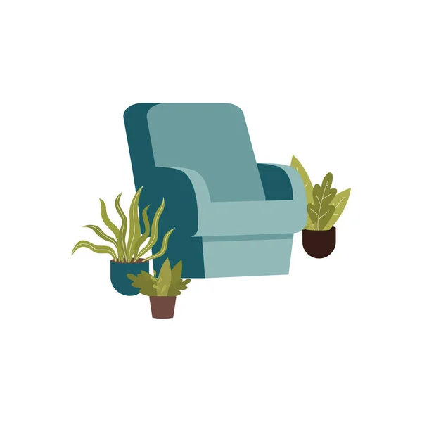 Blue arm chair surrounded by green potted plants isolated on white background — Stock Vector