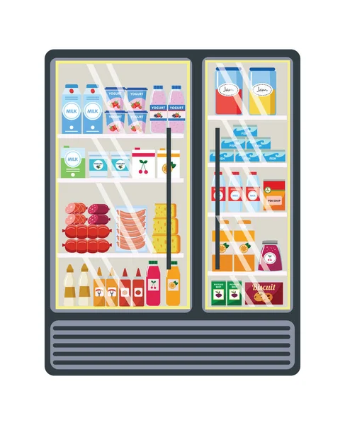 商店或超级市场中装有各种产品的玻璃食品货架. — 图库矢量图片
