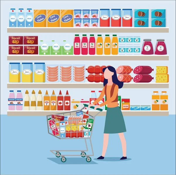 Frau kauft Produkte im Lebensmittelgeschäft Hintergrund. flache Vektorabbildung. — Stockvektor
