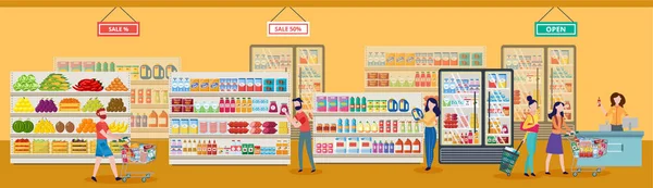 Personas que compran en un supermercado o tienda de comestibles ilustración vector plano . — Vector de stock