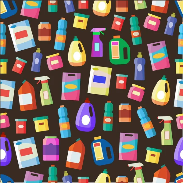 Tipo de botella de detergente patrón inconsútil - fondo plano de dibujos animados del líquido de limpieza del hogar — Vector de stock