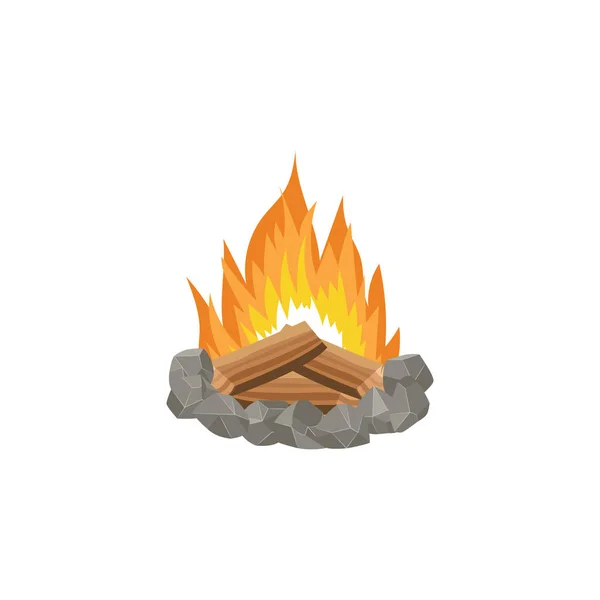 Steinplatz für Feuer mit Brennholz und Flamme Cartoon-Vektor-Illustration isoliert. — Stockvektor