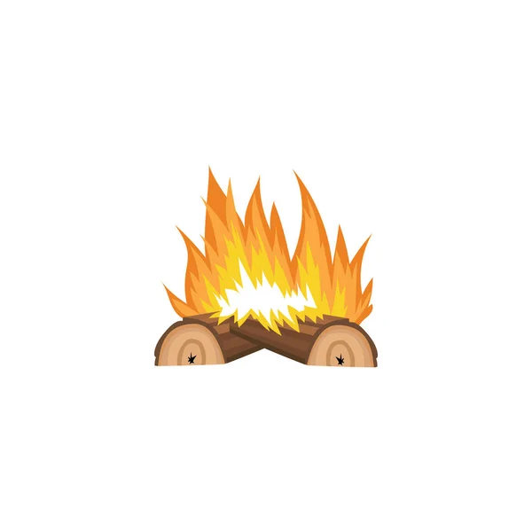 Bonfire icon with bright orange flame and two logs of brown wood on fire — Stok Vektör